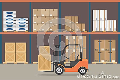 Orange Forklift truck in warehouse hangar interior. Warehouse Equipment, cargo delivery, storage service. Vector Illustration