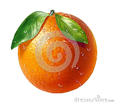 Orange fresh fruit with two leaves and water dropl Stock Photo