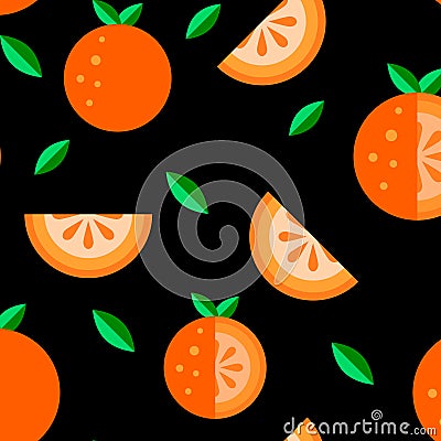 Orange fruit flat icons Seamless Pattern set black background. Cartoon summer food cute kawaii style. Funny doodle illustration. Vector Illustration