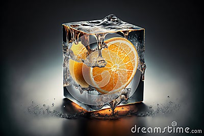 Orange fruit in ice cube. Refreshig fruits concept. Melting fruit. Liquid fruits. Generative AI Stock Photo