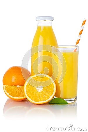 Orange fruit juice drink oranges glass and bottle isolated on white Stock Photo