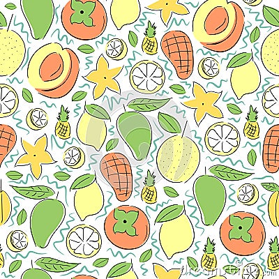 Orange fruit like this citrus, lemon, apricot, persimmon, nectar, mango, peach, pineapple, papaya, star fruit Seamless pattern Vector Illustration