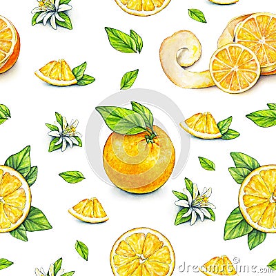 Orange fruits ripe with green leaves. Watercolor drawing. Handwork. Tropical fruit. Healthy food. Seamless pattern for design Stock Photo