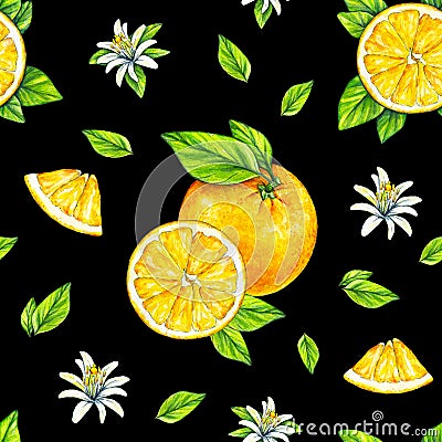 Orange fruits ripe with green leaves. Watercolor drawing. Handwork. Tropical fruit. Healthy food. Seamless pattern for design Stock Photo