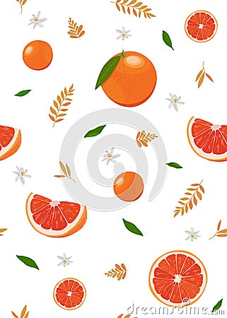 Orange fruits and slice seamless pattern with cute leaves on white background. Grapefruit citrus fruit vector Vector Illustration