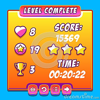 Orange game level complete interface panels ui buttons Vector Illustration