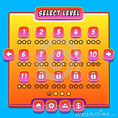Orange game menu level interface panels ui buttons Vector Illustration