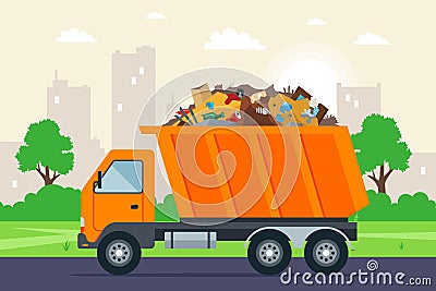 orange garbage truck goes to the dump on the road against the background of the city. Vector Illustration