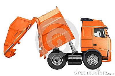 Orange garbage truck isolated on white background. 3D illustration, 3D render Cartoon Illustration