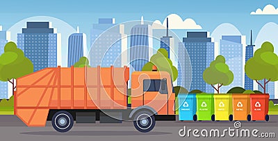 Orange garbage truck urban sanitary vehicle loading recycling bins segregate waste sorting management concept modern Vector Illustration