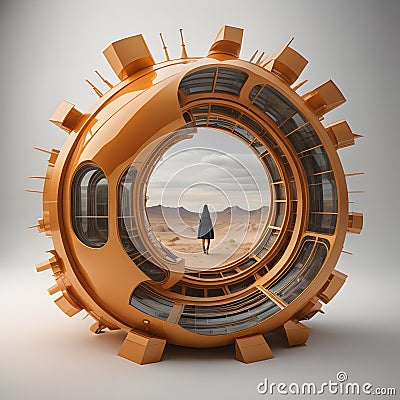 an orange gear wheel with a woman in the middle. generative ai Stock Photo