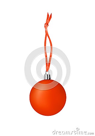 Orange glass ball hanging on ribbon on white background isolated close up, red Ð¡hristmas tree decoration, shiny round bauble Stock Photo