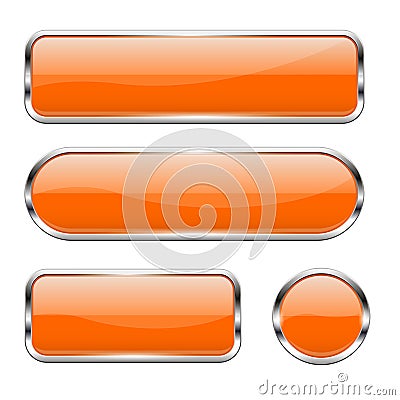 Orange glass buttons. Set of 3d shiny icons with chrome frame Vector Illustration