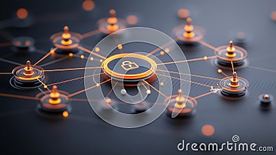 Orange glowing network nodes connected by security locks, symbolizing cybersecurity, data infrastructure, and advanced encrypte Cartoon Illustration