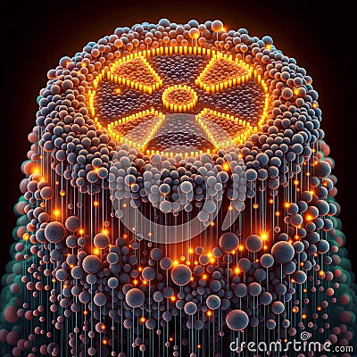 Orange nuclear symbol atop a sphere tower connected by thin orange lines against a gradient background, generative ai Stock Photo