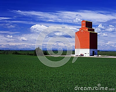 Orange grain elevator in green fields Stock Photo