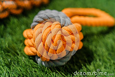 Orange gray rag dog toy on synthetic grass hard light Stock Photo