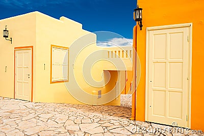 Orange Greek mediterranean houses. Greek village in Balatonfured, Hungary Stock Photo