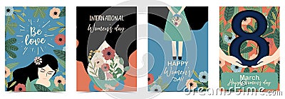 Orange green blue International Women`s Day with women,flower and leaf Vector Illustration