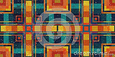 Orange green blue square color aztec background. Colored maya geometric texture. Colorful square geometry backdrop. Pixel graphic Stock Photo