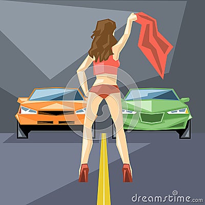 An orange and green cars at start for a racing Vector Illustration
