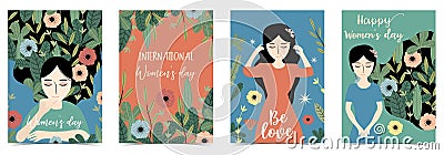 Orange green International Happy Women`s Day with women,flower and leaf Vector Illustration