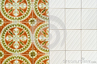 Orange, Green, White Patterned Portuguese Tiles Stock Photo