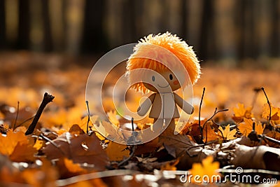 an orange haired doll standing in the middle of a field of autumn leaves Stock Photo