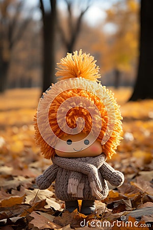 an orange haired doll wearing a sweater and scarf on the ground Stock Photo