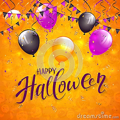 Orange Halloween background with pennants and balloons Vector Illustration