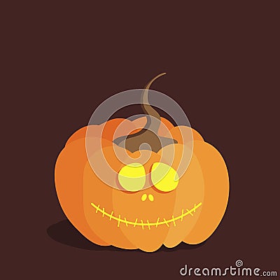An orange Halloween pumpkin with a tail and light-up cut-out eyes, a nose and a sewn-on yellow mouth. Isolated vector Vector Illustration
