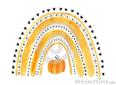 Orange Halloween rainbow with pumpkin. Cartoon Illustration