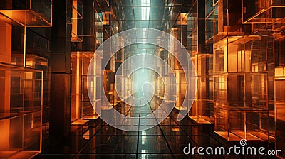 an orange hallway with many glass boxes in it Stock Photo