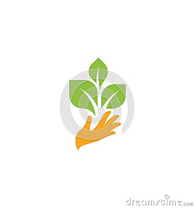 Orange hand with green leaves. Sprout, new life. Nature element logotype. Agricultural organic product sign. Harvesting Vector Illustration