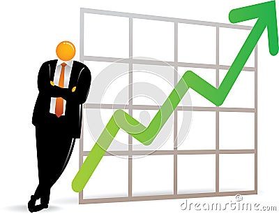 Orange Head Man leaning on up chart Stock Photo