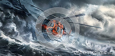 Orange Helicopter Flying Over Stormy Ocean in Fine Art Style Stock Photo