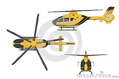 Orange helicopter on a white background. Side, front, top view Vector Illustration