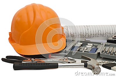 Orange helmet and different tools Stock Photo