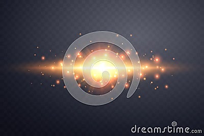 Orange horizontal lensflare. Light flash with rays or spotlight and bokeh. Orange glow flare light effect. Vector Vector Illustration