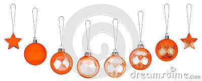 Orange Ð¡hristmas tree decoration set white background isolated closeup, hanging red glass balls stars collection New Year holiday Stock Photo