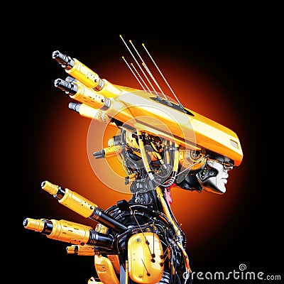 Orange humanlike robot with huge ai brain hat Stock Photo