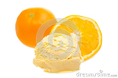 Orange ice cream scoop with oranges on white background Stock Photo