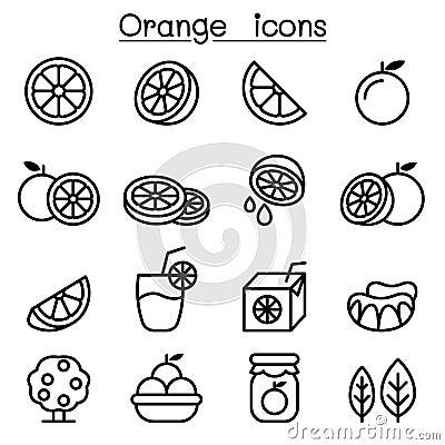 Orange icon set in thin line style Vector Illustration