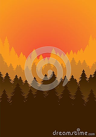 Orange sky vector forest scene Stock Photo