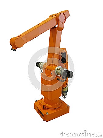Orange industrial robot manipulator hand on white backg Stock Photo