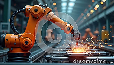 Orange industrial robot works automatically in factory. Robot arm performs precise welding operation. Sparks fly. Modern Stock Photo