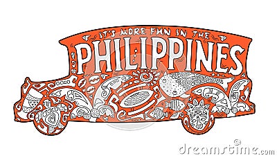 Orange jeepney with philippine ornament. Palm tree, whale shark, mask, turtle, halo-halo. Vector coloring page. Stock Photo