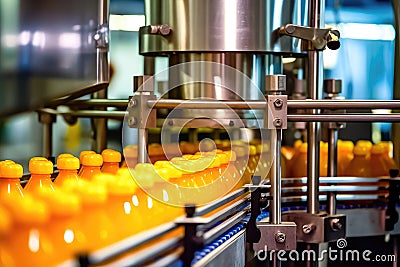 Orange Juice Bottles on Conveyor Belt - Perfect for Product Promotion - Generative AI Cartoon Illustration