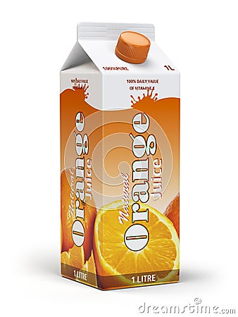 Orange juice carton cardboard box pack isolated on white background. Stock Photo