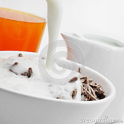 Orange juice and cereal bran sticks and yogurt Stock Photo